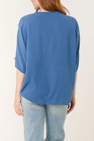 V-Neck Front Tie Blouse - Denim