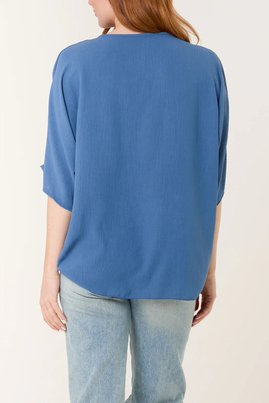 V-Neck Front Tie Blouse - Denim