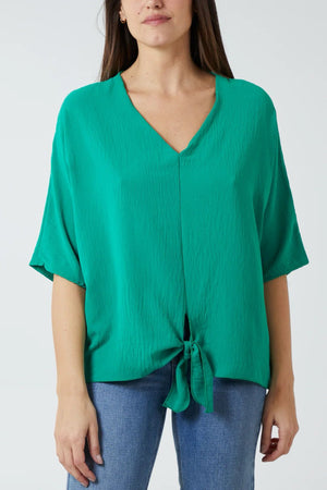 V-Neck Front Tie Blouse - Jade