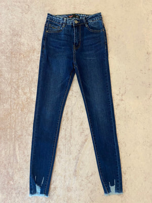 High Waisted Cadet Frayed Cuff Skinny Jeans - Mid Blue