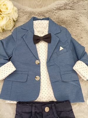 Baby Boys 3 Piece Shirt & Jacket Set With Chinos & Bow Tie - Blue