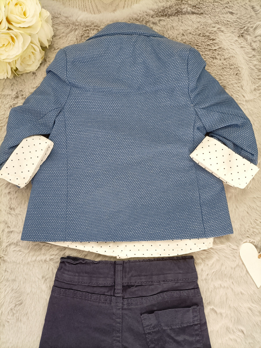 Baby Boys 3 Piece Shirt & Jacket Set With Chinos & Bow Tie - Blue