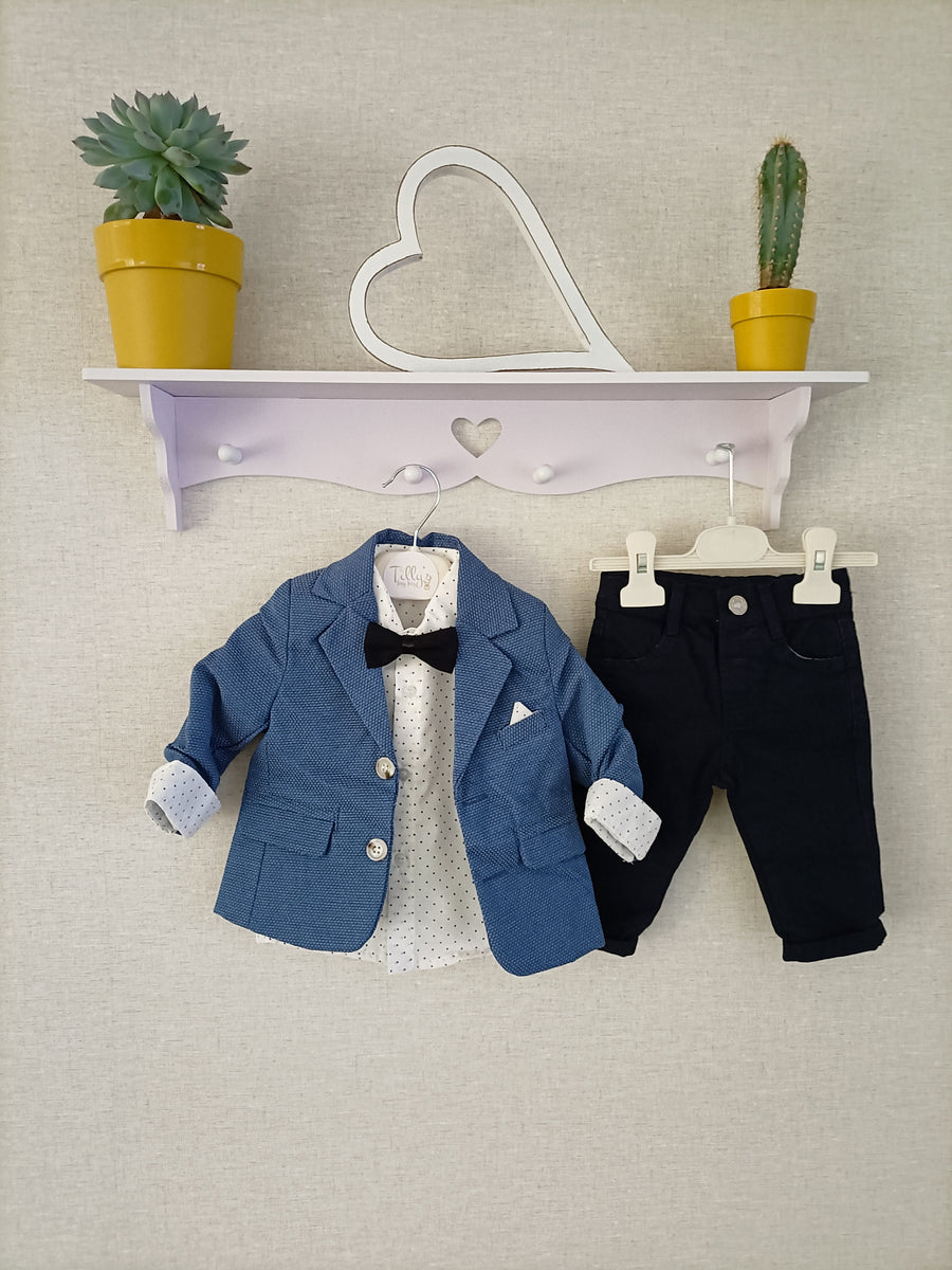 Baby Boys 3 Piece Shirt & Jacket Set With Chinos & Bow Tie - Blue