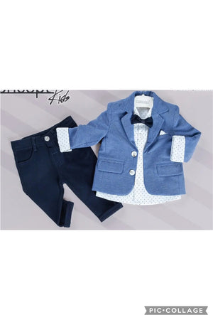 Baby Boys 3 Piece Shirt & Jacket Set With Chinos & Bow Tie - Blue