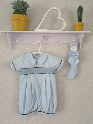 Boys Ben Hand Smocked Romper - Pale Blue