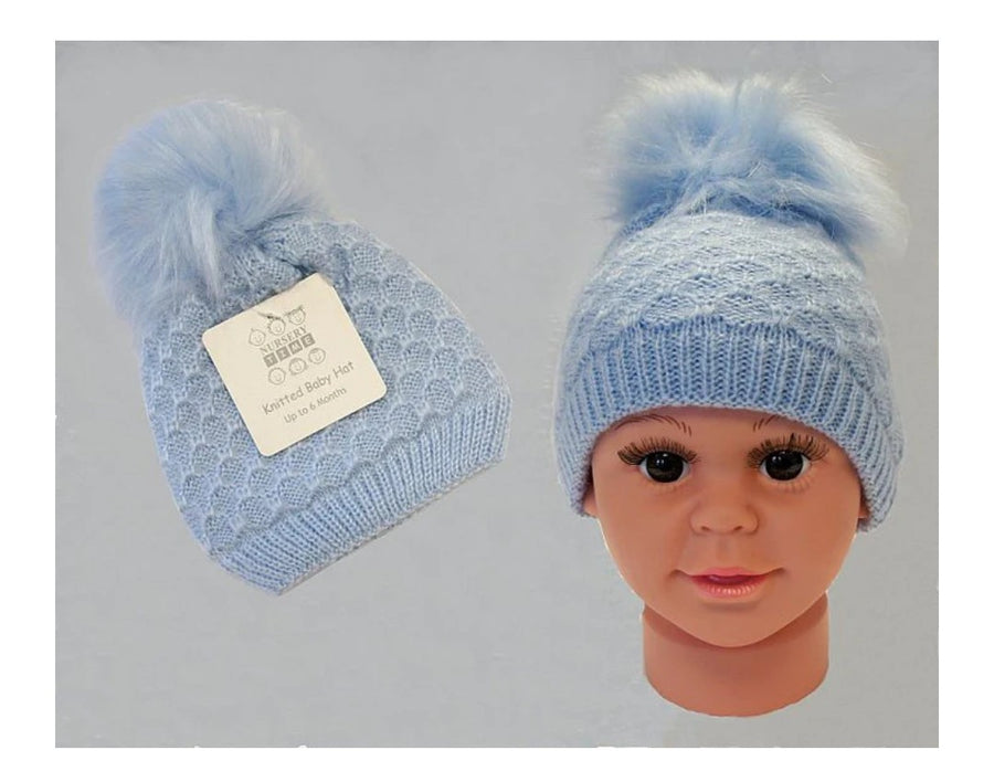 Baby Knitted Pom Pom Hat - Blue