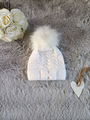 Baby Girls Knitted Pom Pom Hat - White