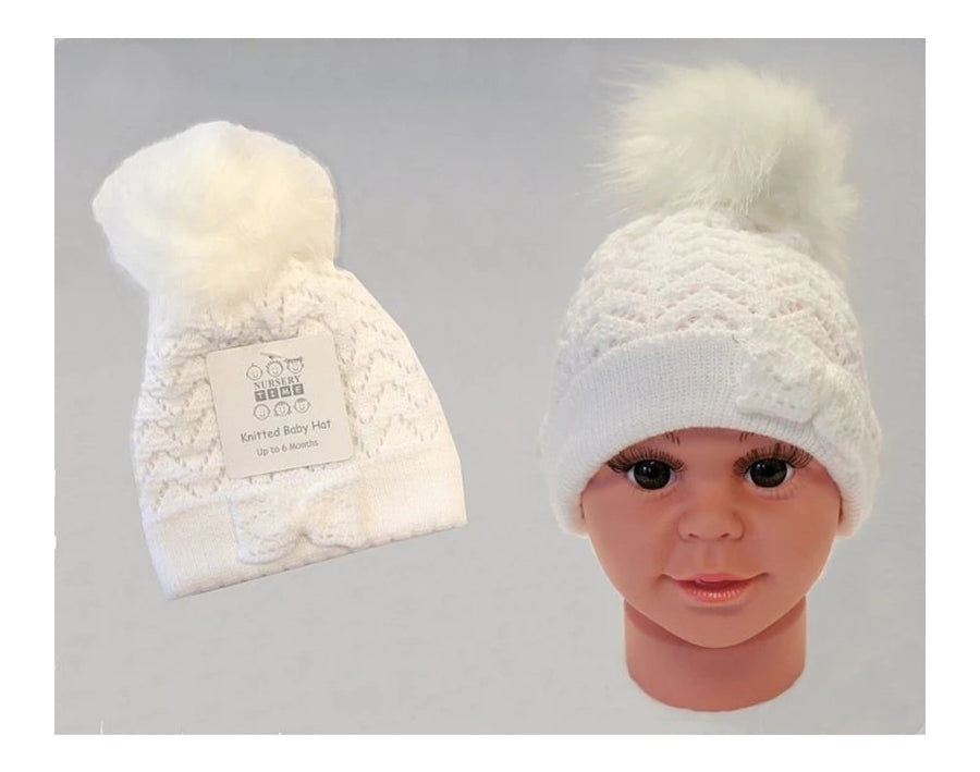Baby Girls Knitted Pom Pom Hat - White