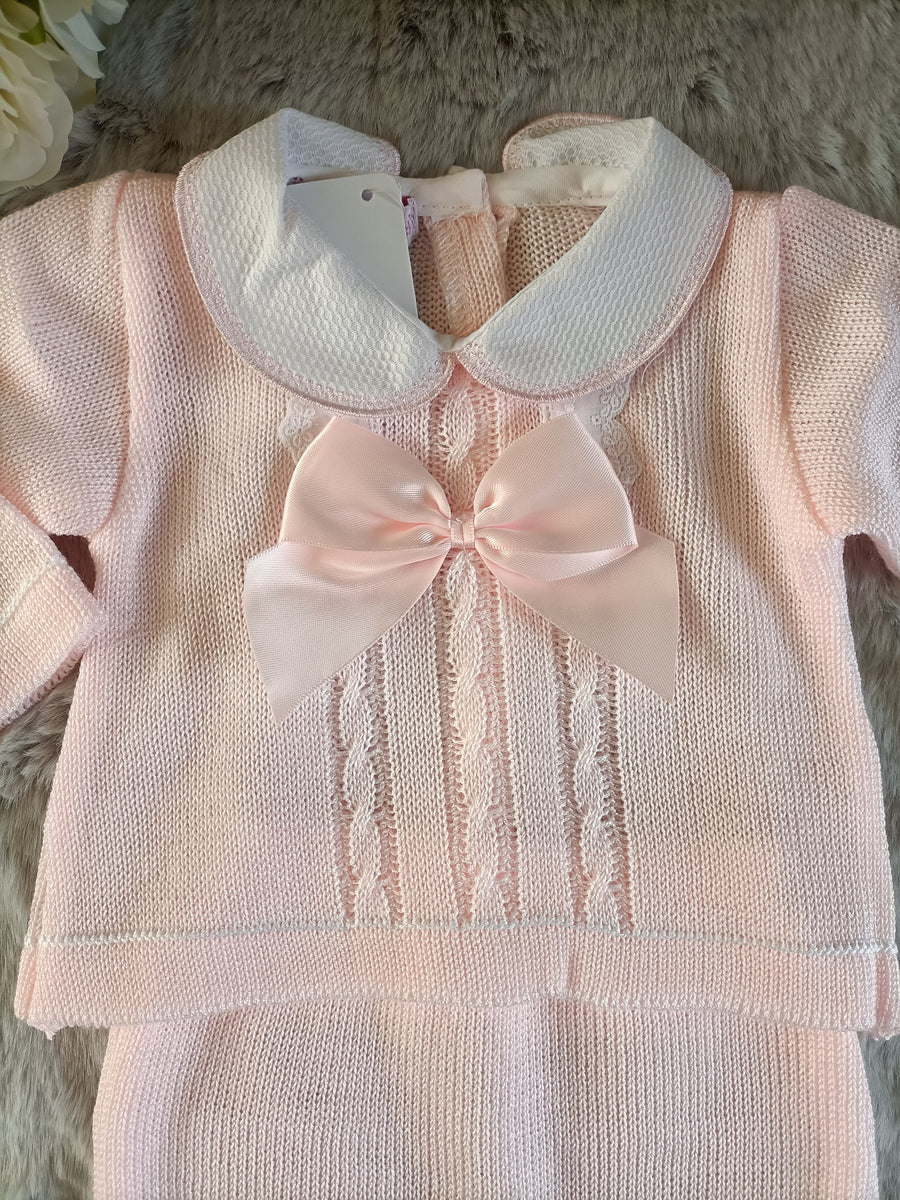 Baby Girls 2 Piece Knitted Pram Set With Bows - Pink