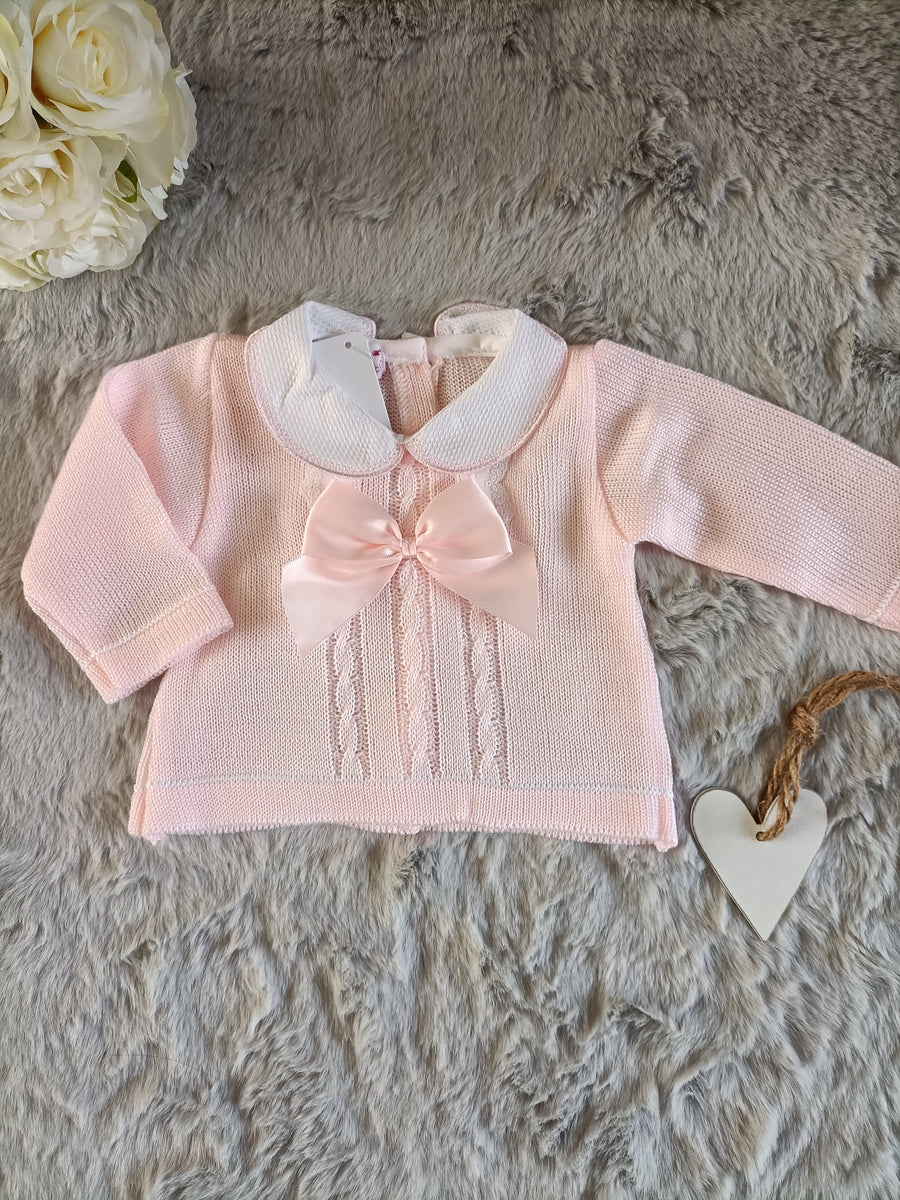 Baby Girls 2 Piece Knitted Pram Set With Bows - Pink