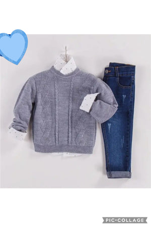 Boys 3 Piece Embossed Knitted Jumper, Shirt & Jeans - Blue