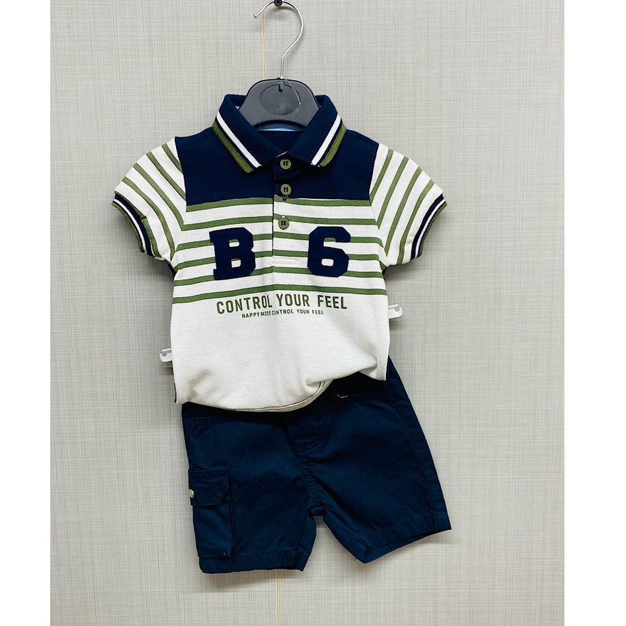 Boys Stripe Polo Shirt & Shorts - Navy/Green