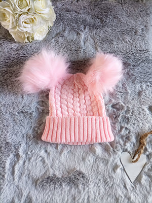 Double Pom Pom Ribbed Hat - Pink
