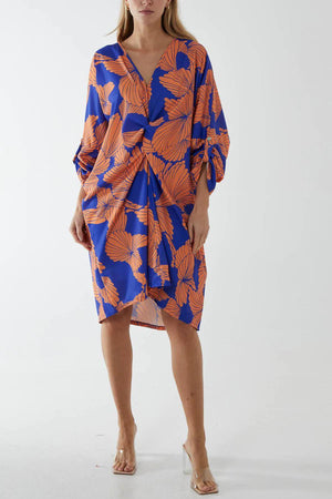 Floral Twisted Front Dress - Royal Blue