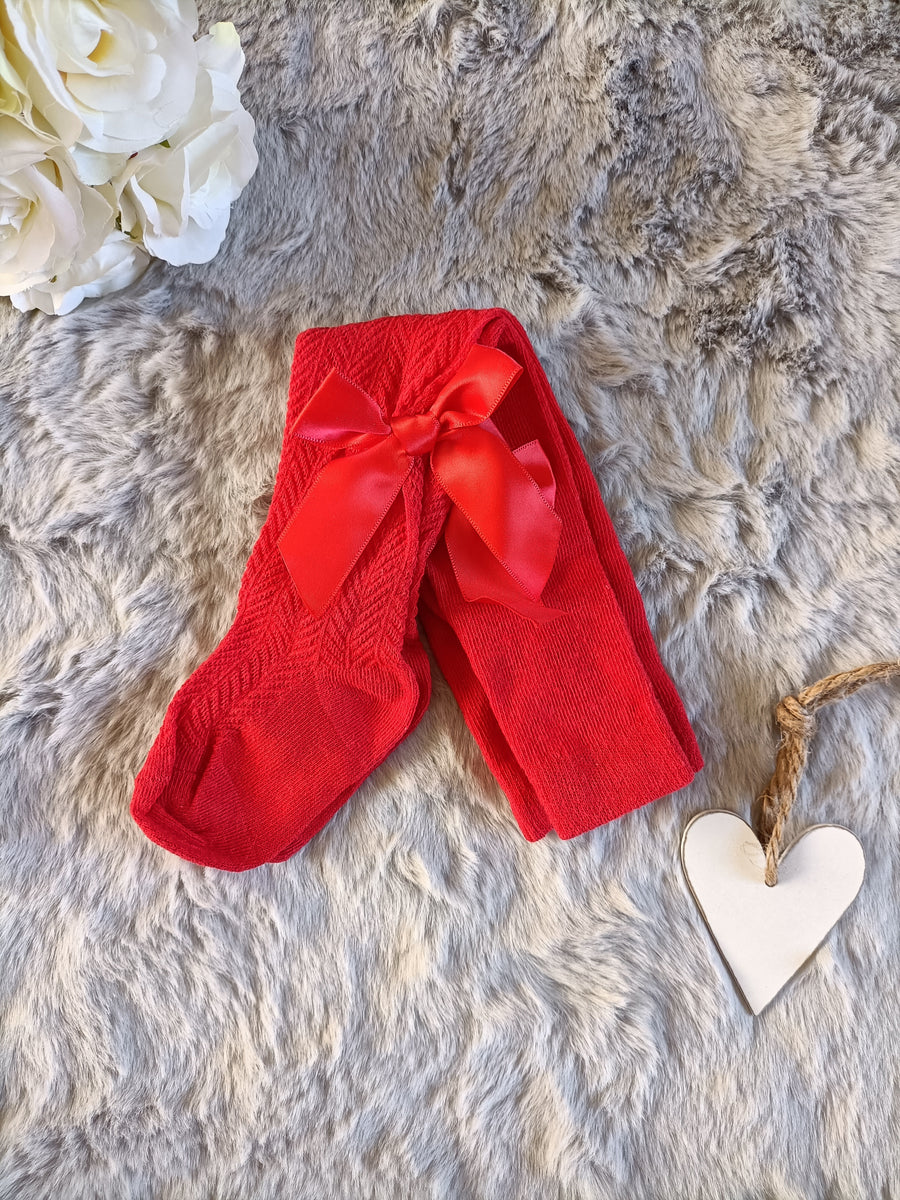 Baby Girls Chevron Tights With Bow - Red
