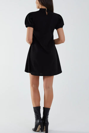 High Neck Puff Sleeve Mini Shift Dress - Black