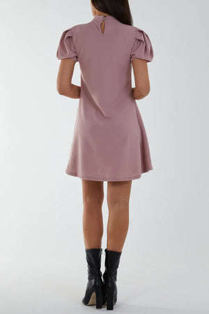 High Neck Puff Sleeve Mini Shift Dress - Blush