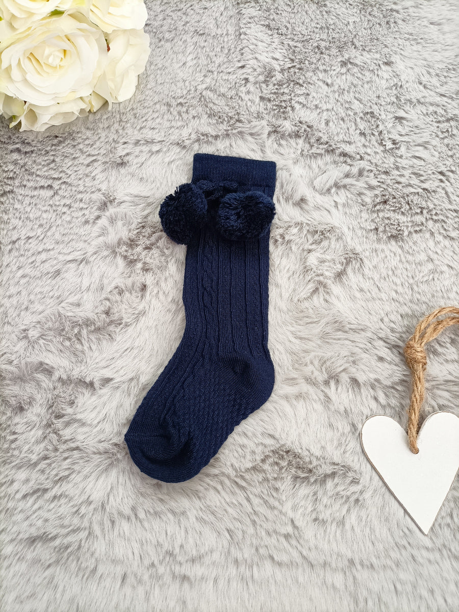 Baby Knee Socks With Pom Poms - Navy