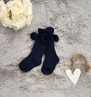 Baby Knee Socks With Pom Poms - Navy