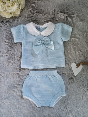 2 Piece Knitted Set With Bow - Blue