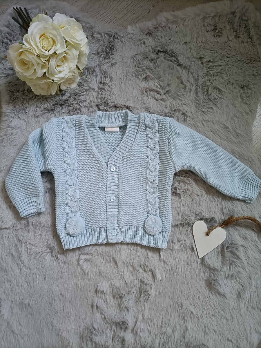 Knitted Cardigan With Pompoms - Baby Blue