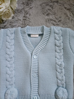 Knitted Cardigan With Pompoms - Baby Blue