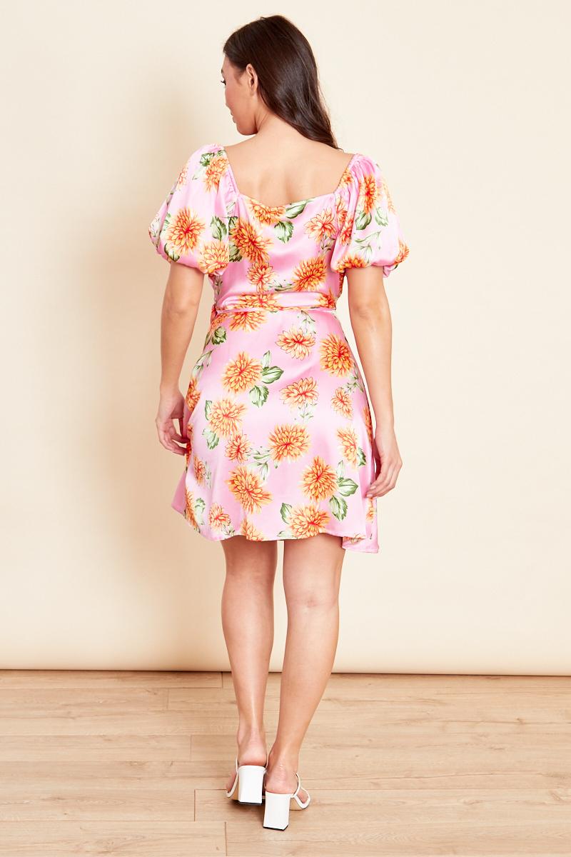 Satin Floral Puff Sleeves Skater Mini Dress - Pink